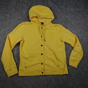 Ralph Lauren Jacket Women Medium Yellow Button Front Crest Hoodie Cotton Preppy